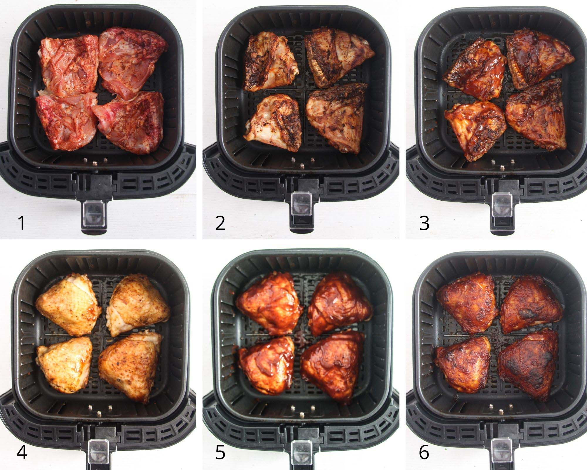 collage of pictures showing chicken thighs cooking in an air fryer