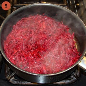 cooked beet sauce for pasta in a deep pan.
