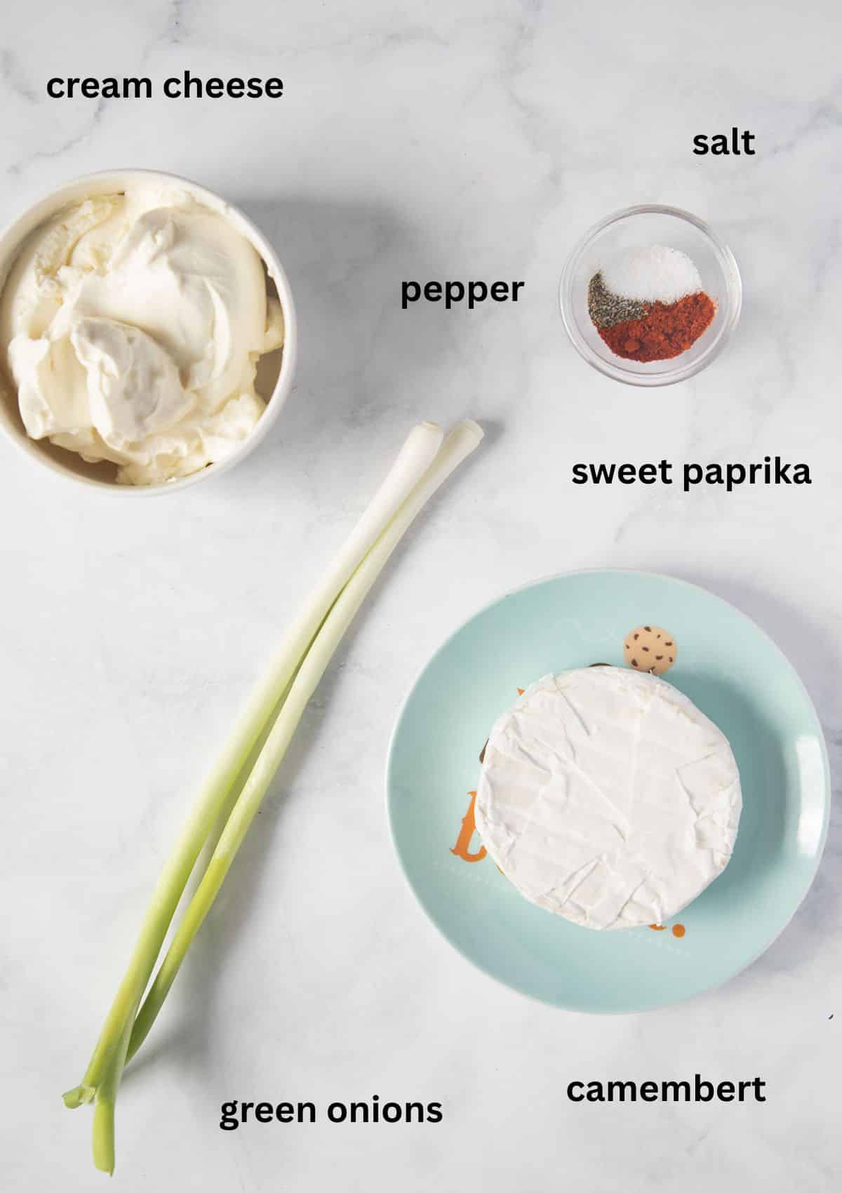 labeled ingredient for making dip or spread with camembert, green onions, cream cheese and paprika.