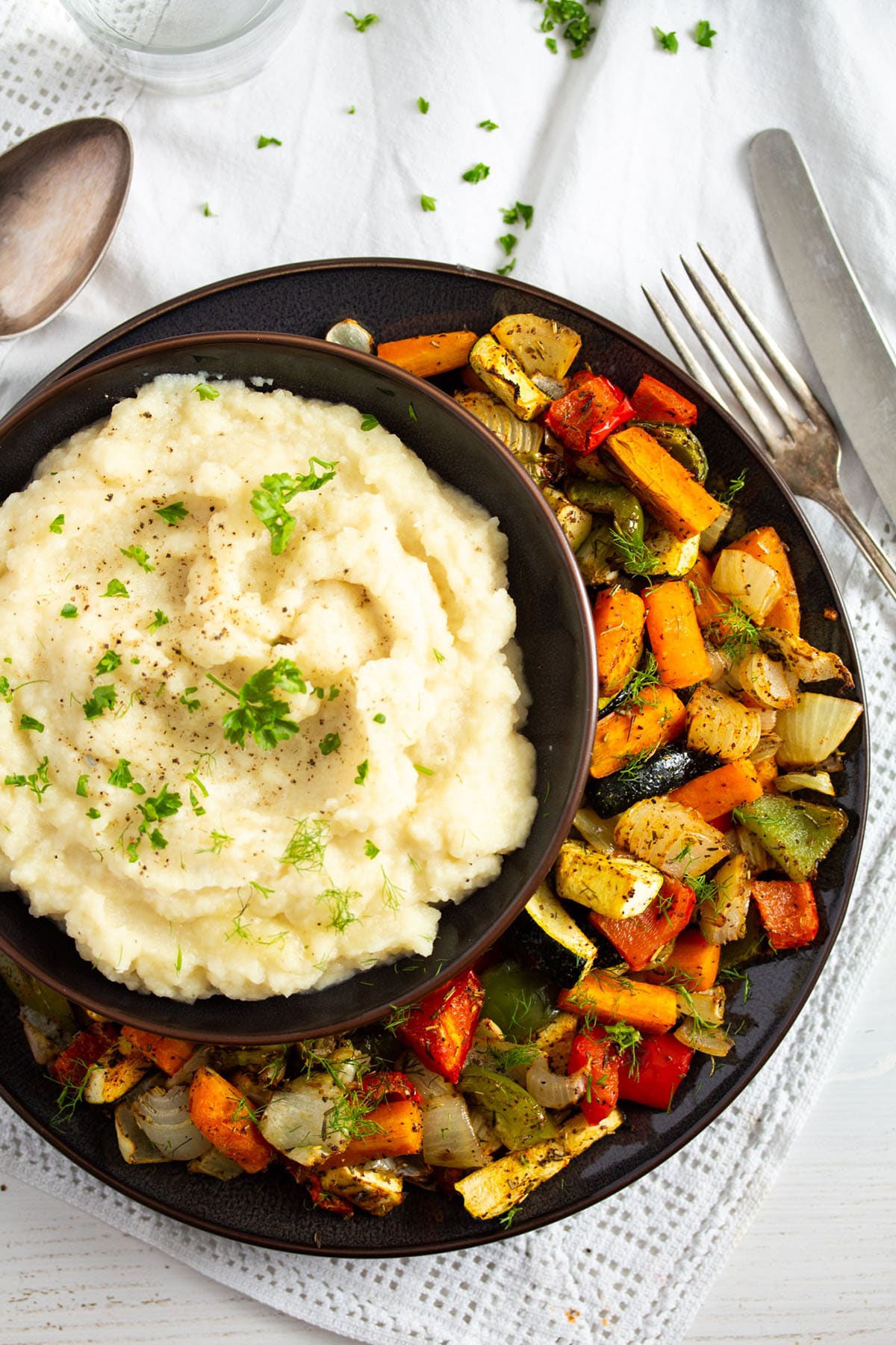 roasted vegetables served with celeriac mash.