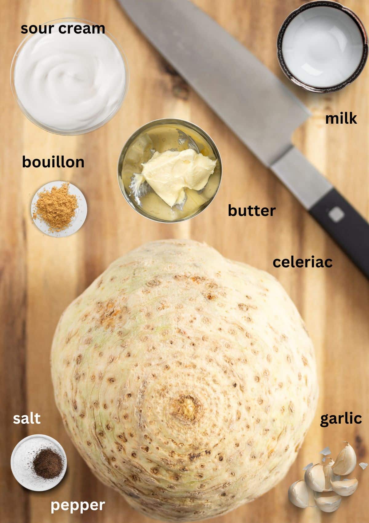 listed ingredients for making mash with celeriac, sour cream and garlic.