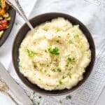 overhead image of a bowl of creamed celeriac.