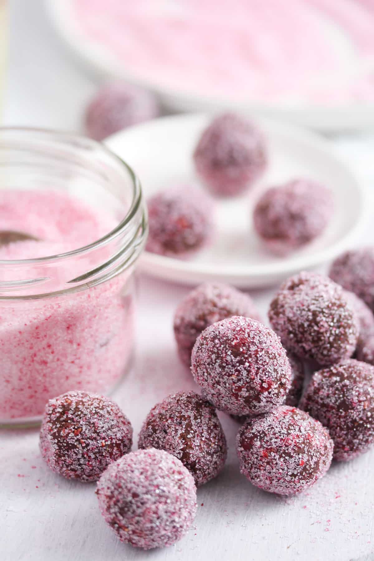 chocolate truffles made with champagne reduction and coated with pink sugar.