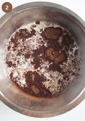 cream, champagne, sugar, and cocoa powder in a bowl before mixing.