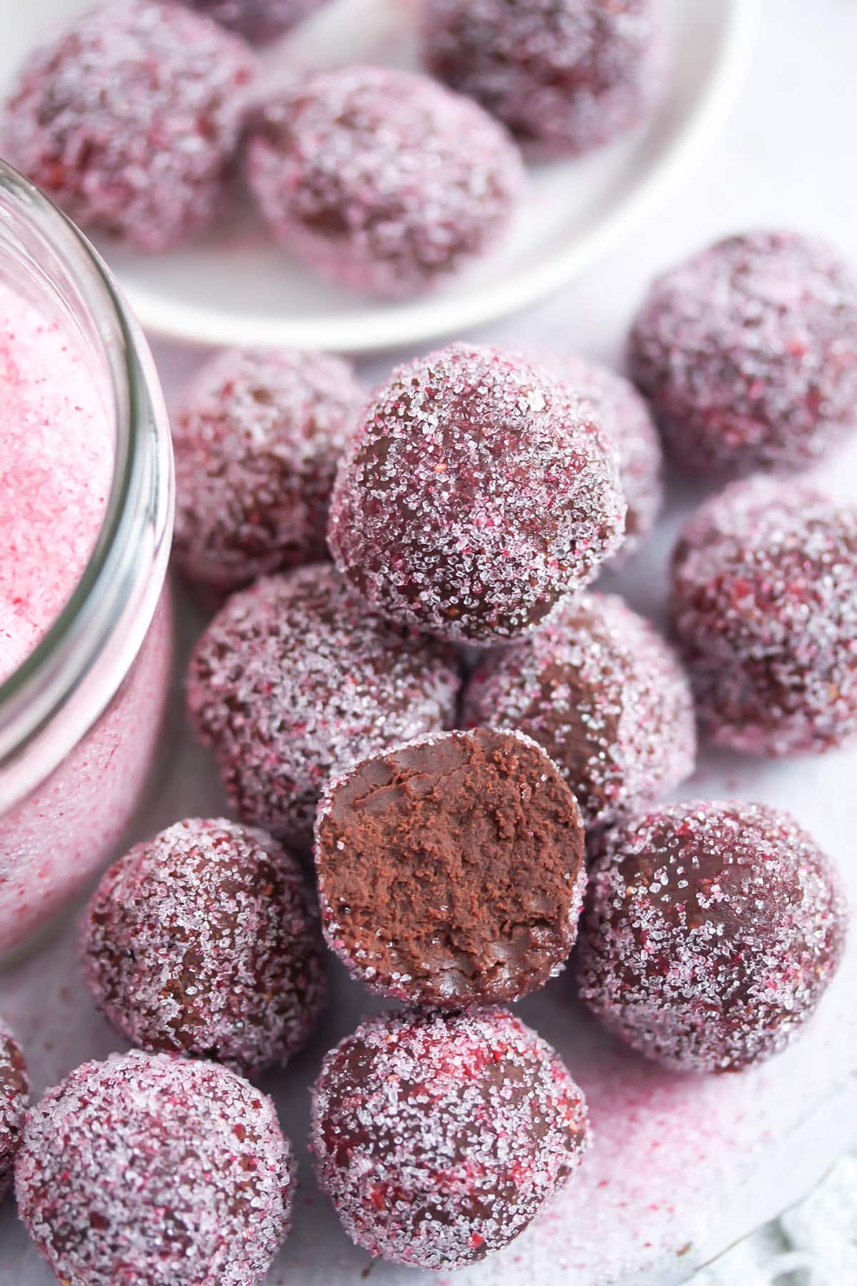 champagne truffles coated with pink colored sugar.