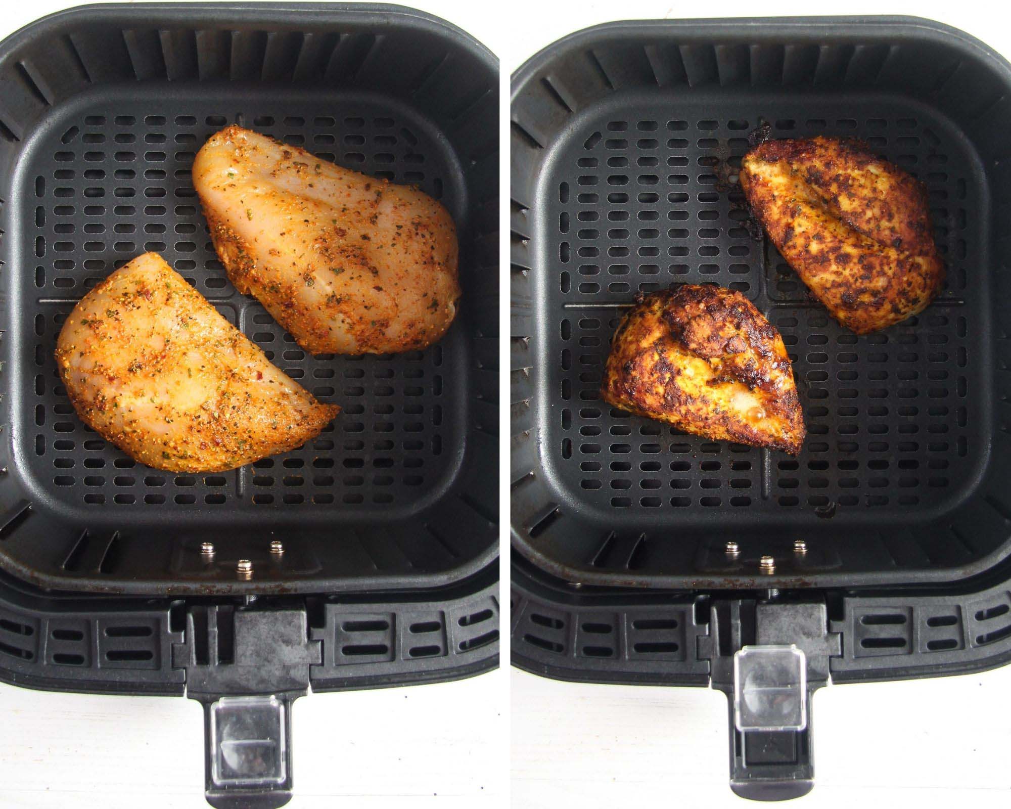collage of two pictures showing chicken pieces in an air fryer basket.