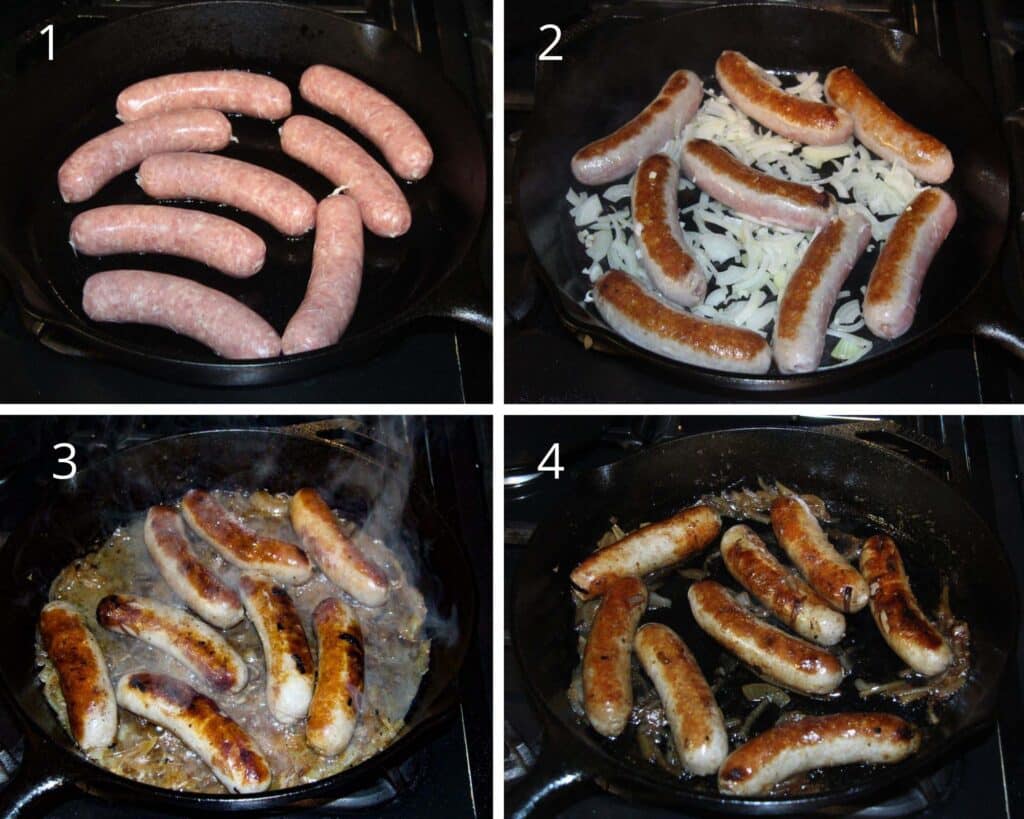 collage of four pictures showing how to cook sausages in a pan.