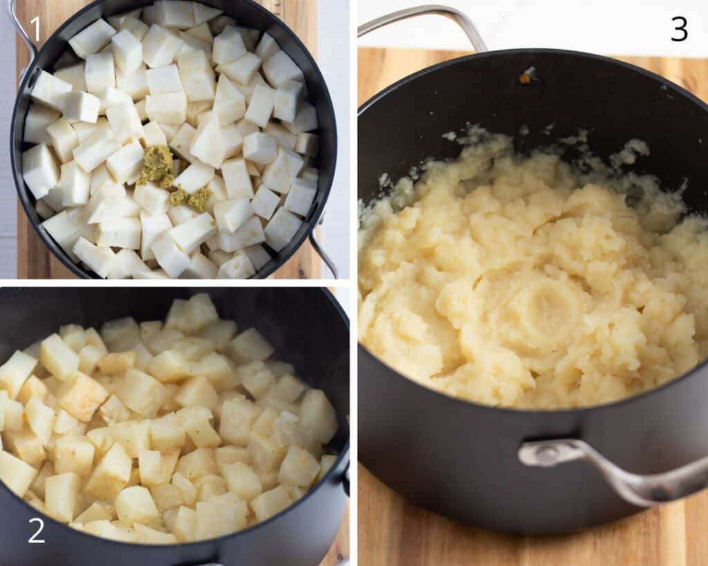 collage of three pictures showing how to cook celeriac pieces in a black pot..
