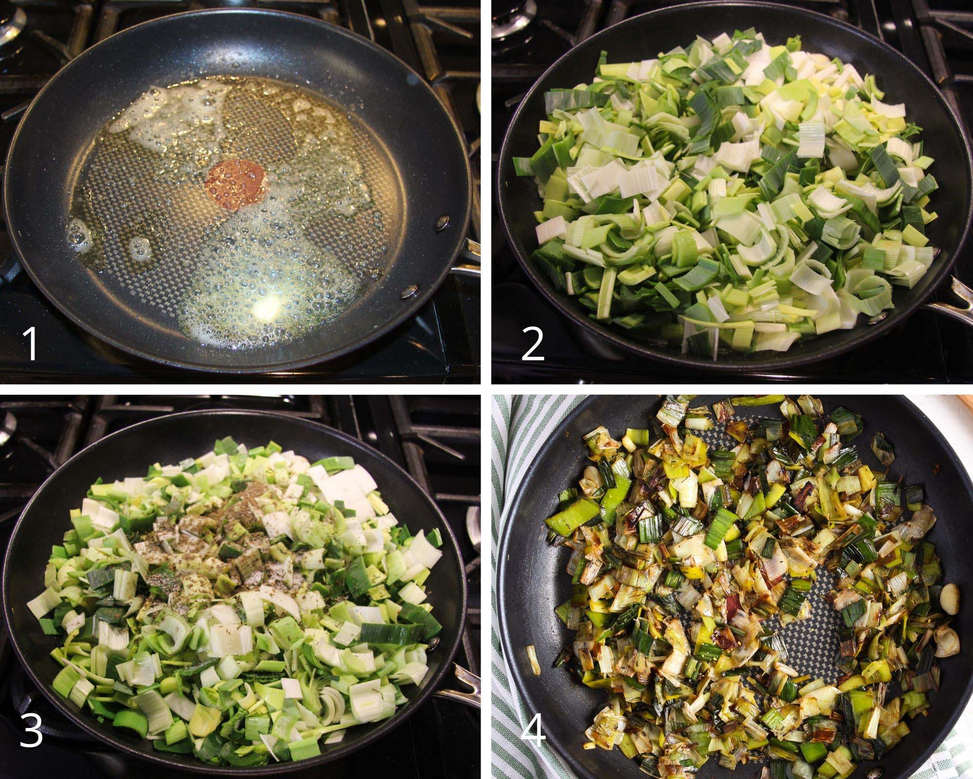 collage of four pictures showing how to cook leeks in a pan.