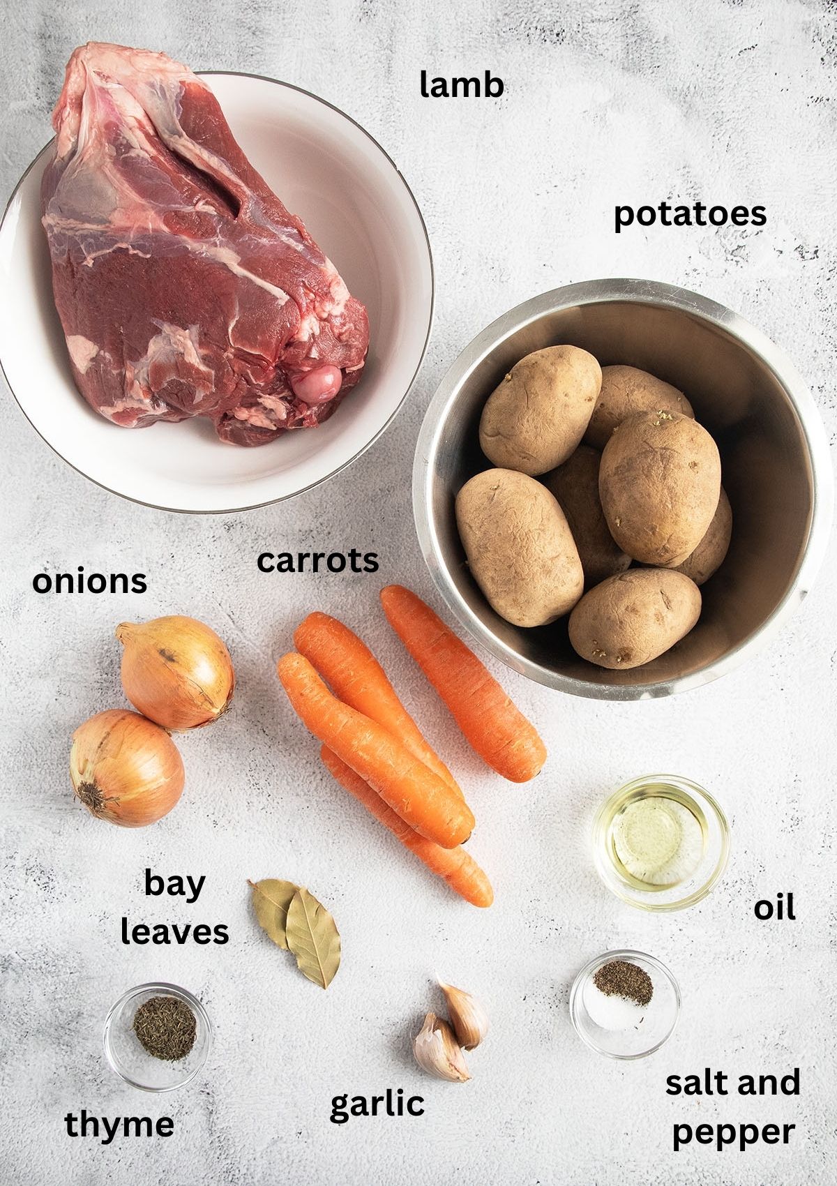 labeled ingredients for making stew with lamb cubes, potatoes, carrots, onions and spices.