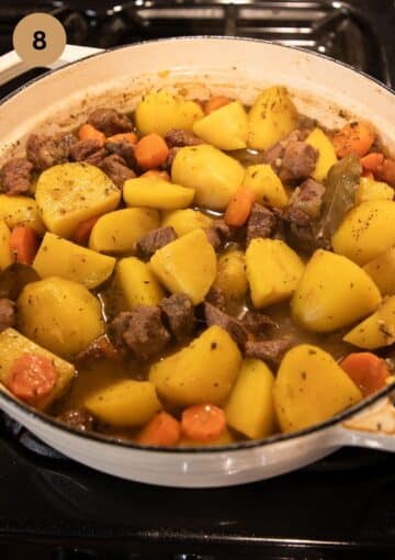 finished stew with potato chunks and lamb shoulder pieces.