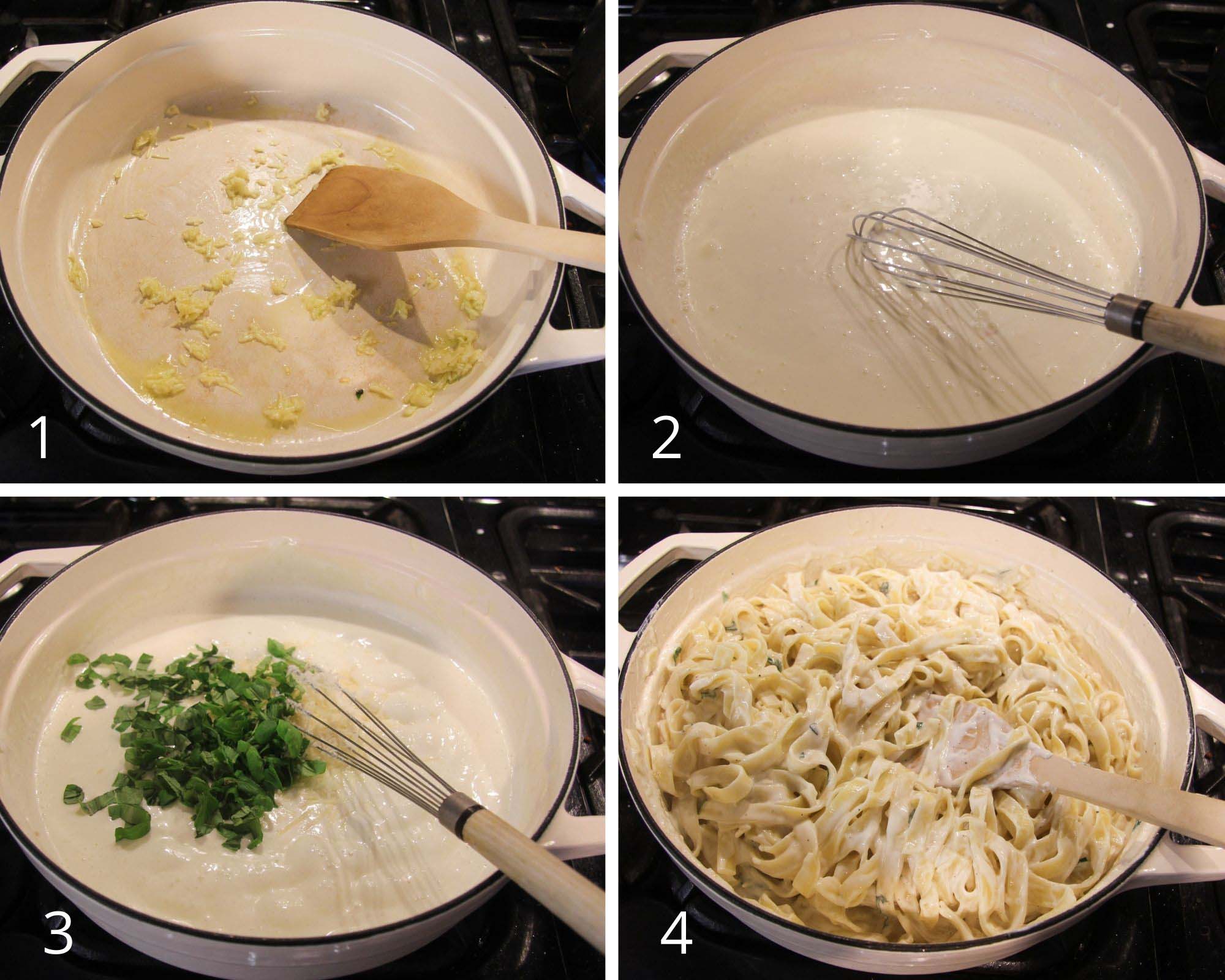 collage of four pictures of making cream cheese sauce for pasta.