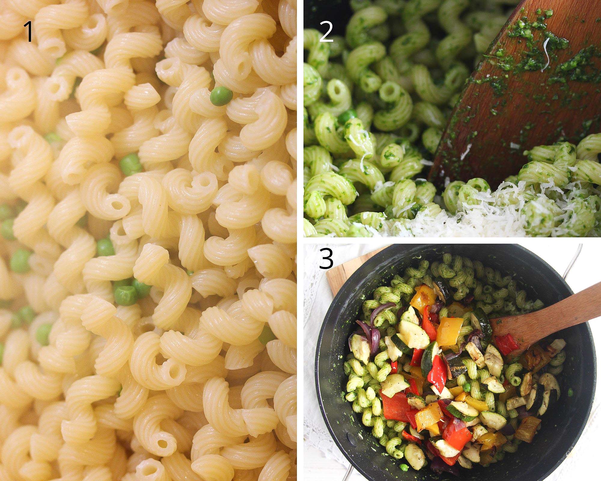 collage of three pictures of cooked noodles mixed with pesto and veggies