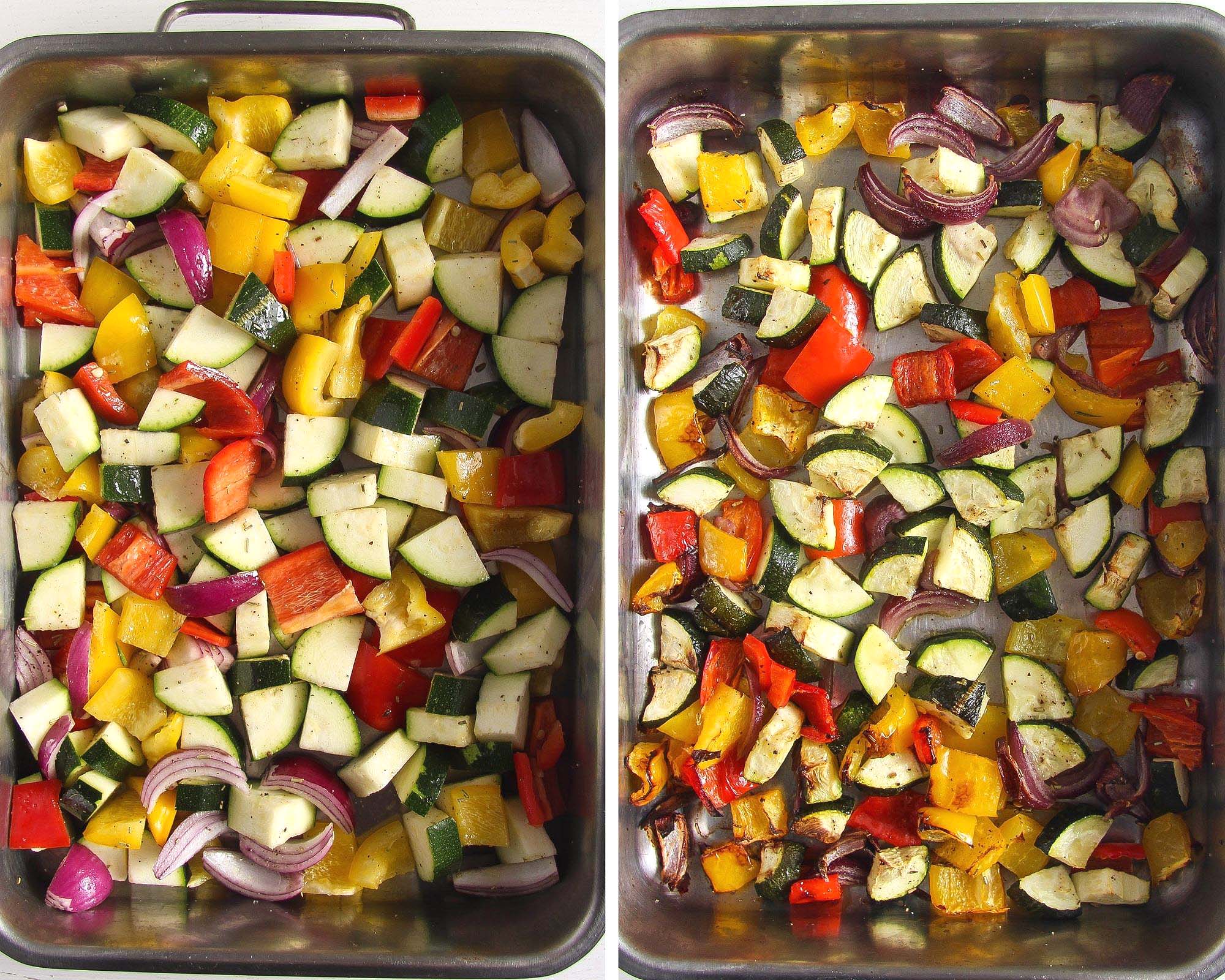 collage of two pictures showing veggie cubes before and after roasting in a tin