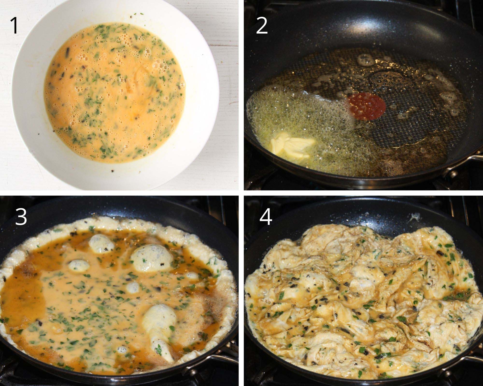 collage of four pictures of cooking eggs in a pan.