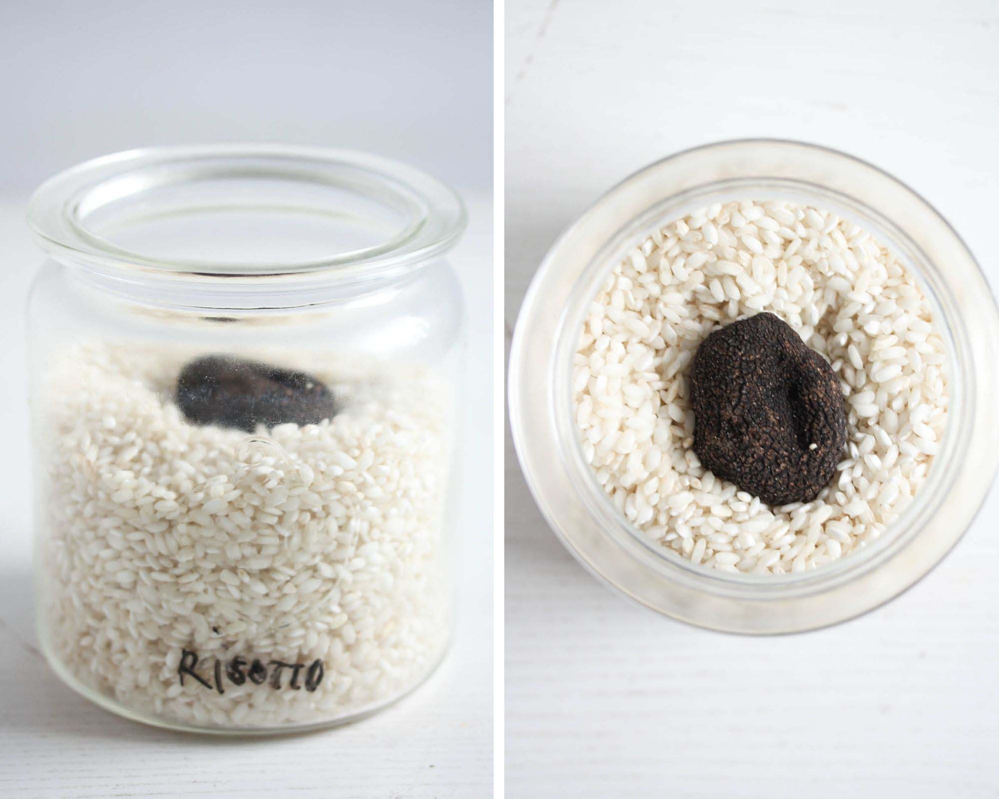black truffles stored in a jar of raw risotto rice.
