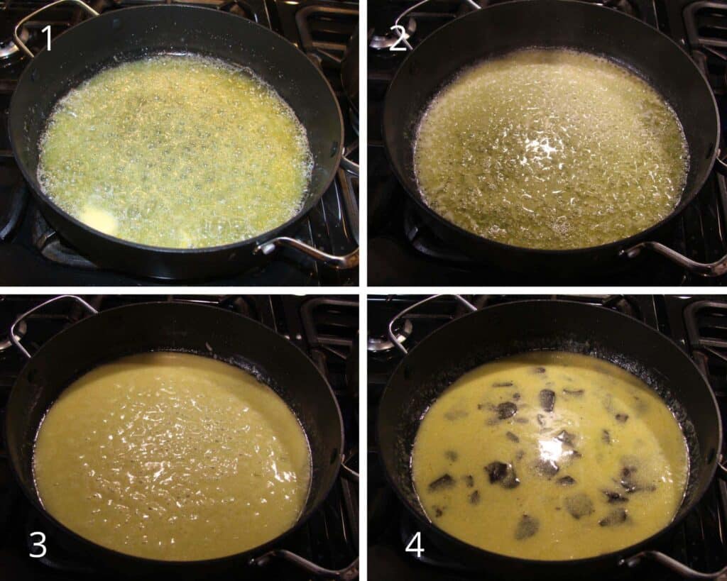 collage of four picture showing how to melt butter and parmesan and add grated truffles.