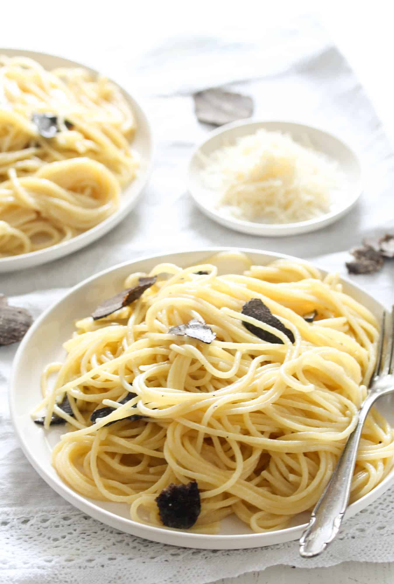 pasta dish with black truffles and parmesan