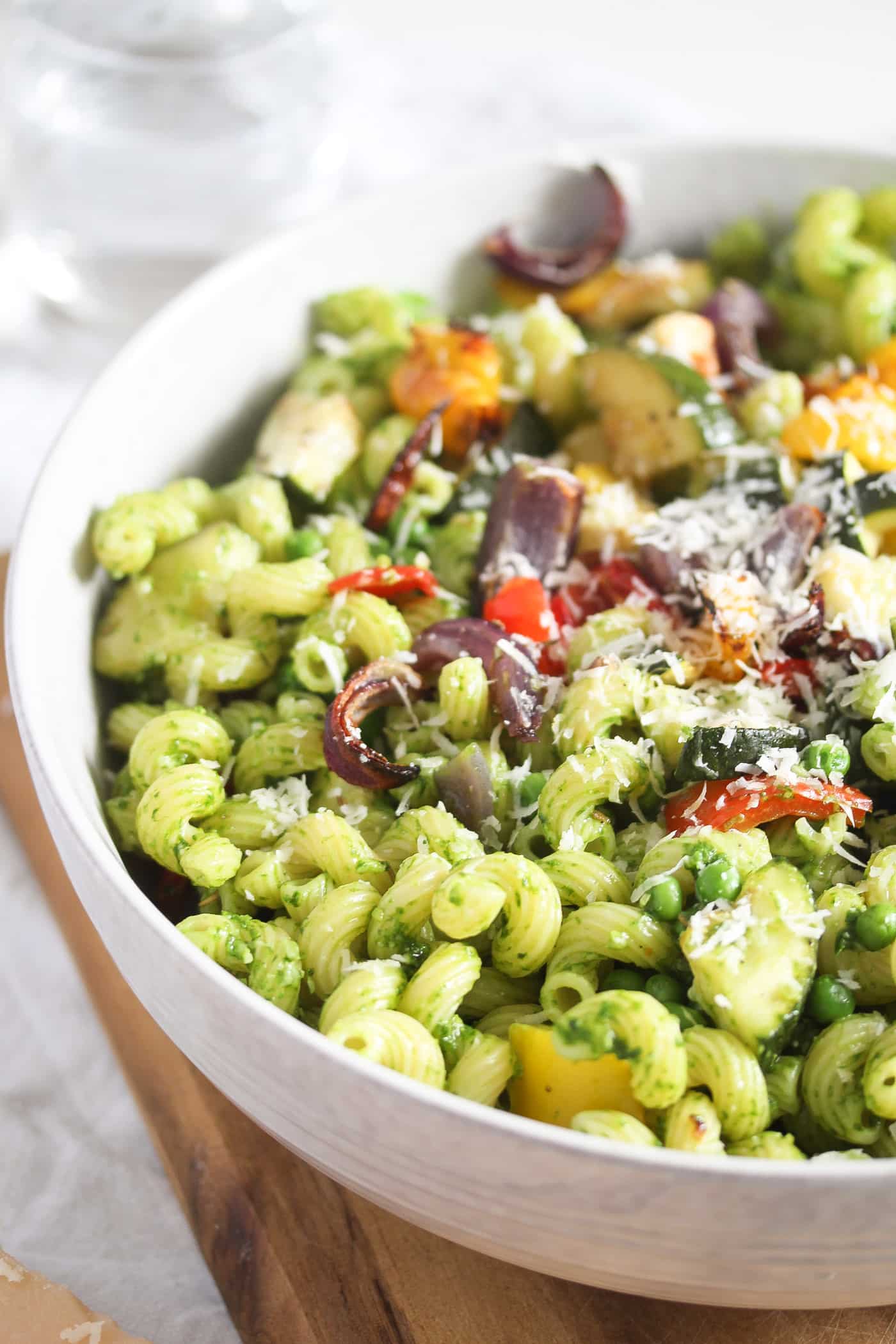 noodle bowl with roasted vegetables and cheese