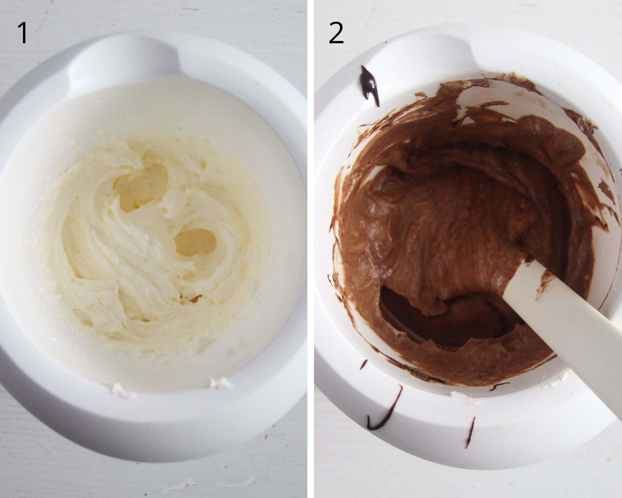 collage of two pictures of whipped cream and chocolate cream.