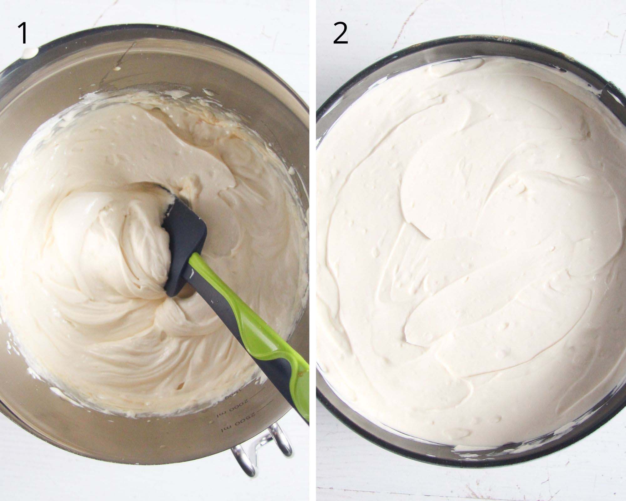 collage of two pictures of making cream cheese filling in a bowl.