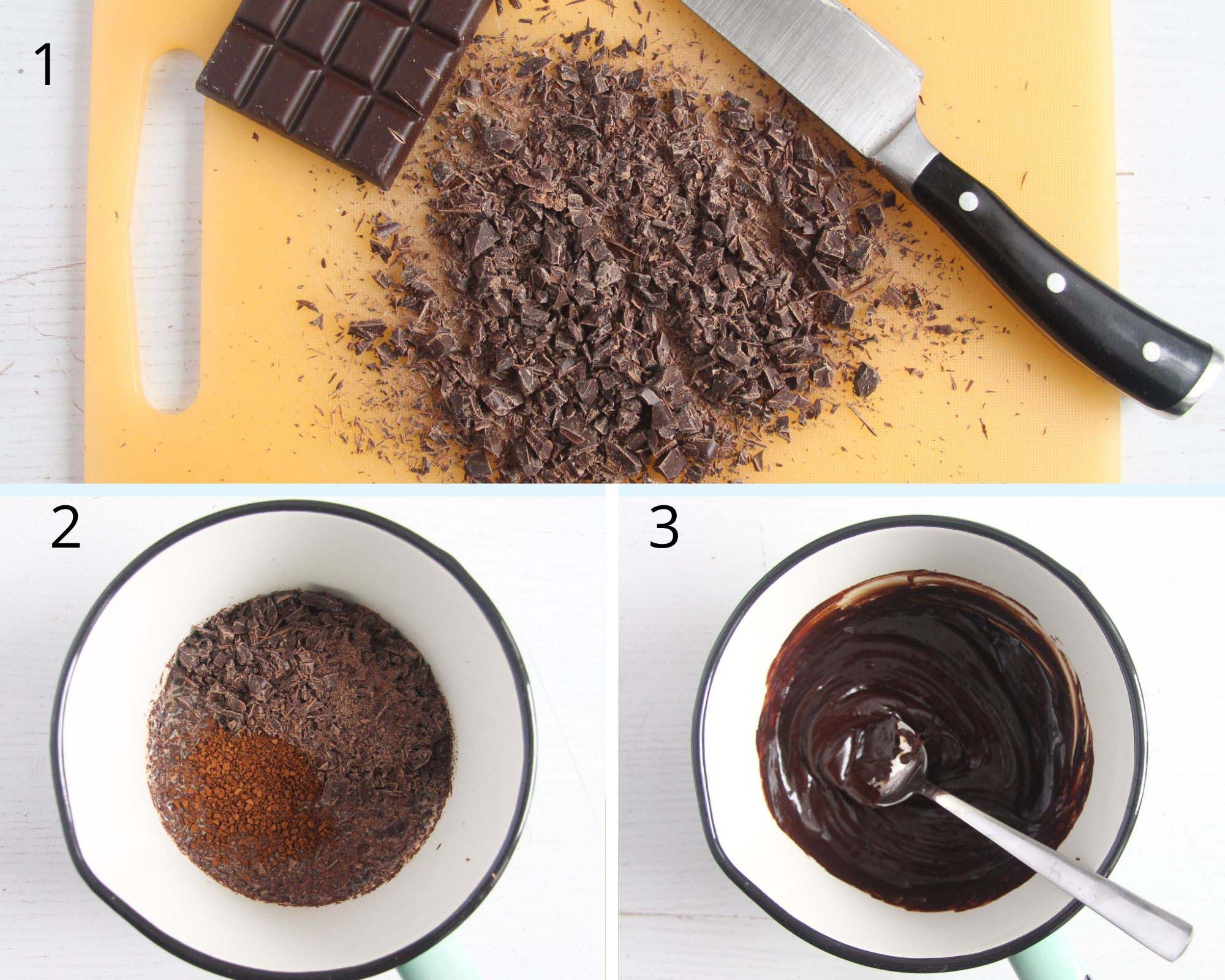 collage of three pictures of chopping and melting chocolate.