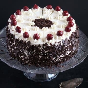german black forest cake on a platter.