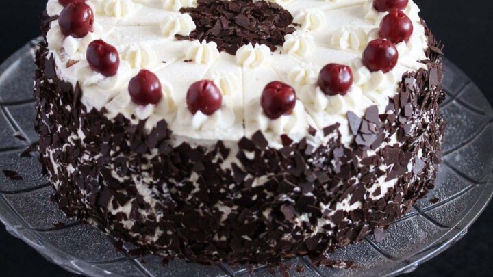 german black forest cake on a platter.