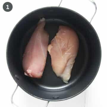 two frozen chicken breast pieces in a small pot.