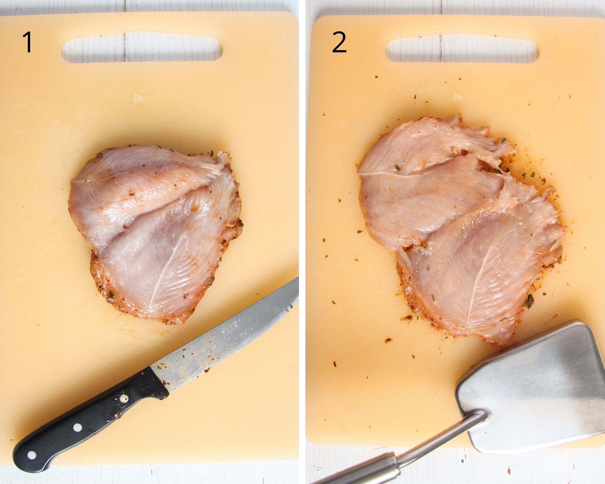 collage of two pictures showing how to butterfly chicken breast.