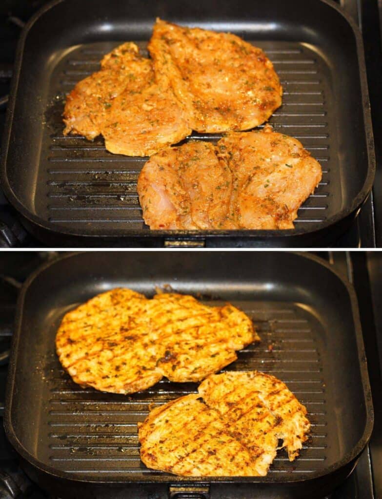 collage of two pictures showing how to grill poulty in a pan.