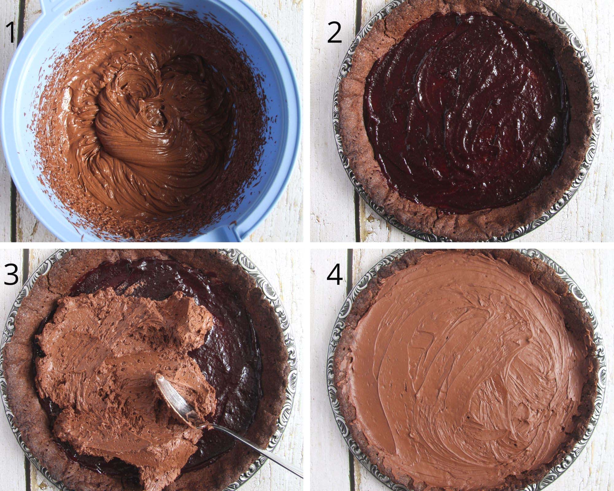 collage of four pictures of filling tart with ganache.