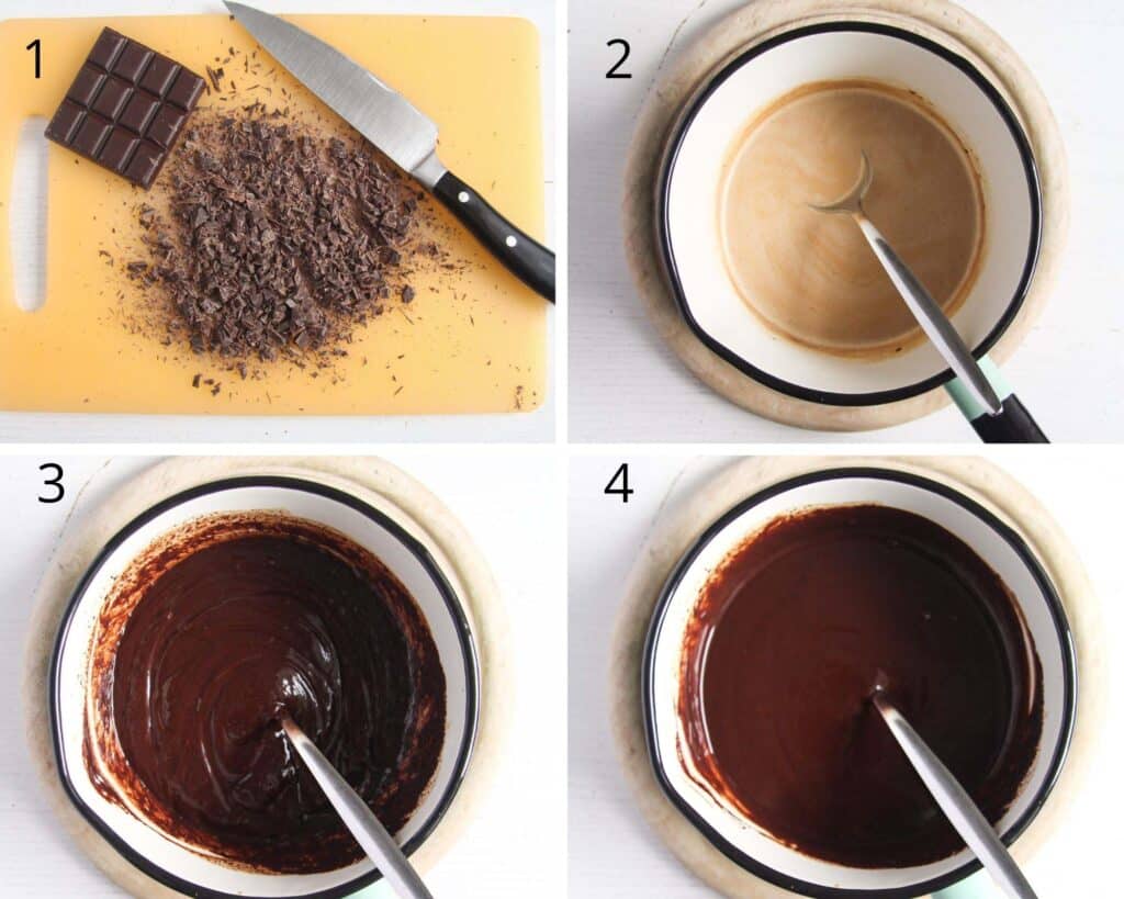 collage of four pictures of making ganache.