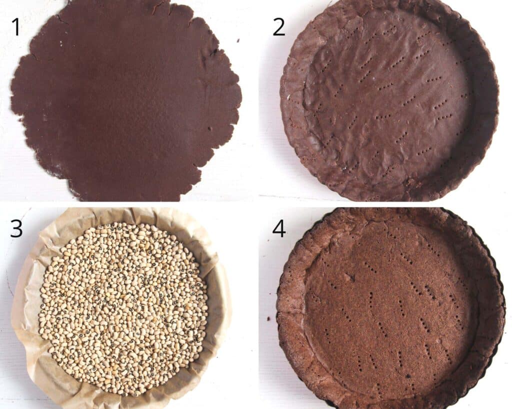 collage of four pictures of rolling and blind baking cocoa shortcrust.