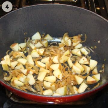 sauteing apples and onions in a dutch oven.