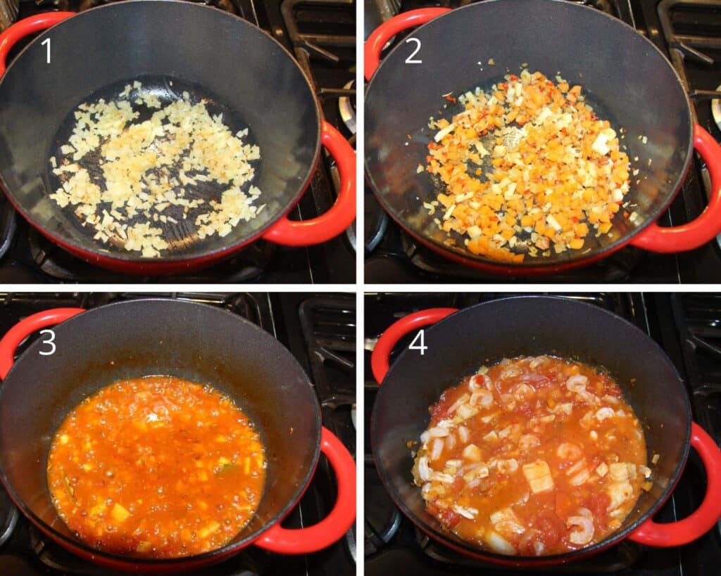 collage of four pictures of sauteing vegetables and cooking seafood in tomato sauce.