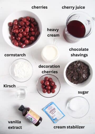 labeled ingredients for making black forest cake.