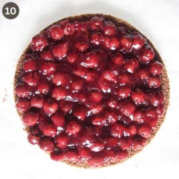 cake layer covered with thickened cherry sauce.