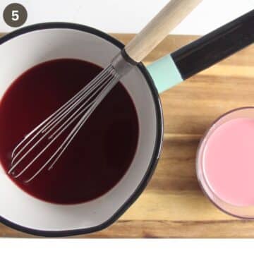 cherry juice and a whisk in a saucepan and a bowl of pink cornstarch mixture to thicken the juice.