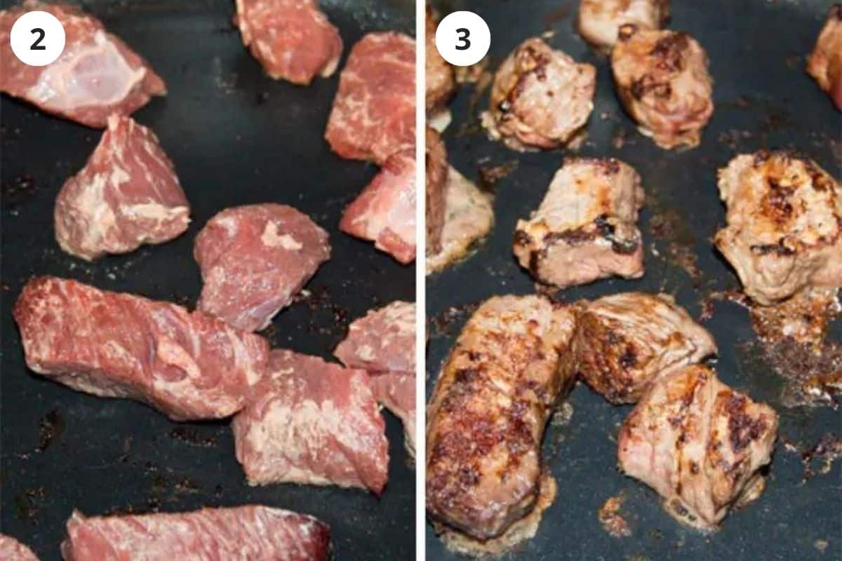 collage of two pictures of browning meat cubes.