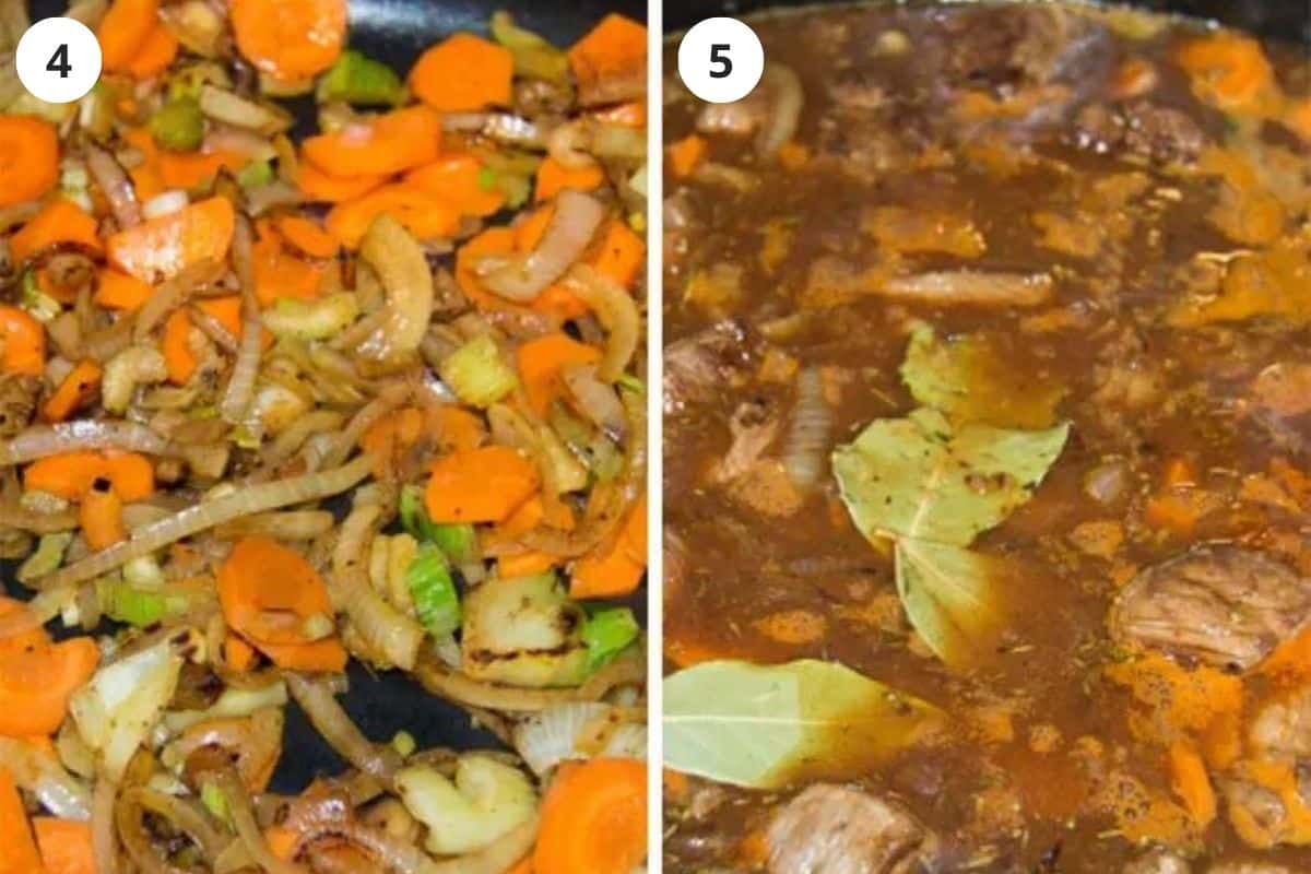 collage of two pictures of cooking vegetables for stew.