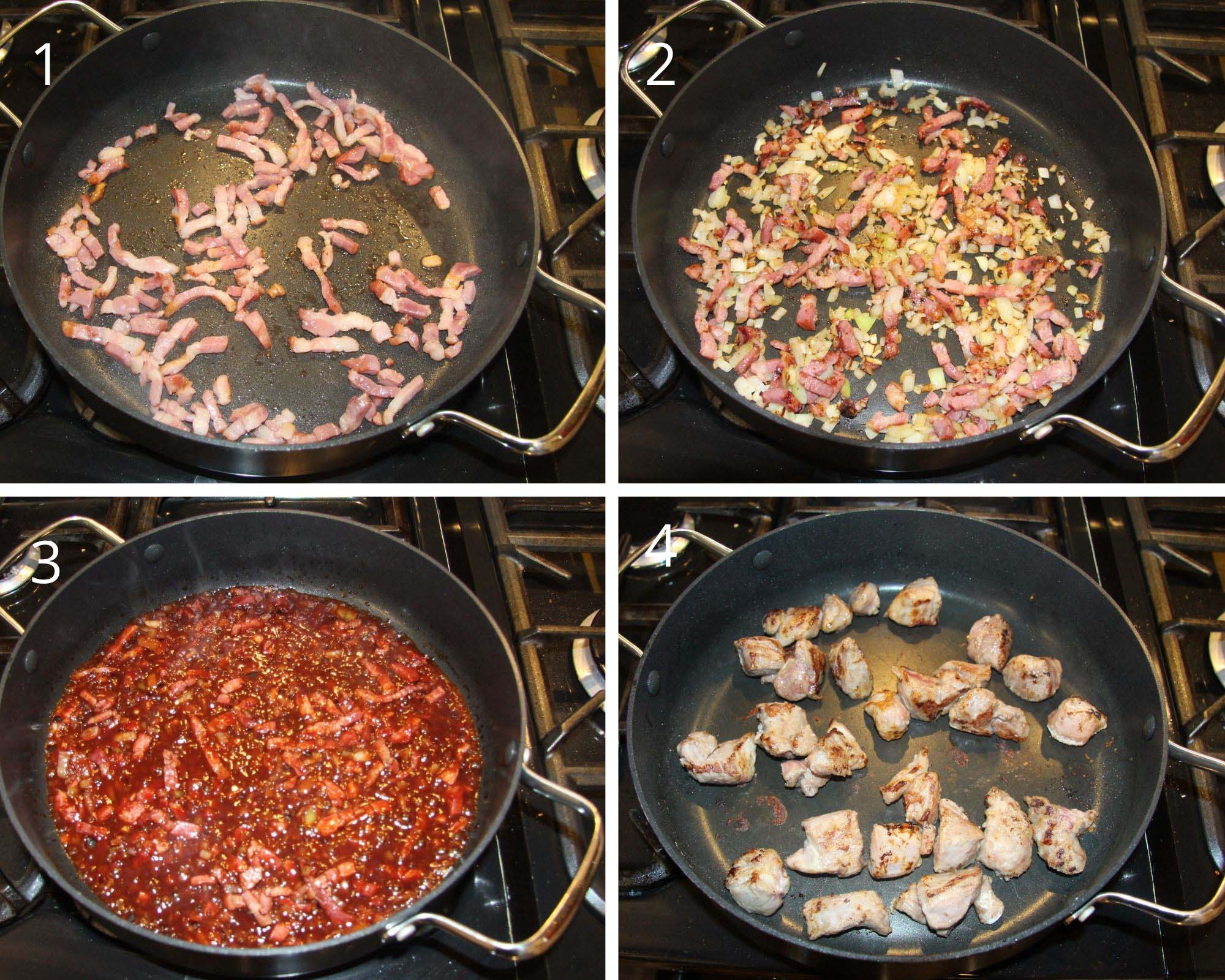 collage of four picture frying bacon, onions and lamb in a pan.