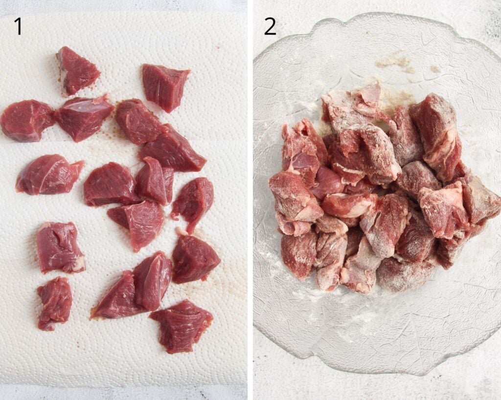 two pictures of lamb cubes for stew.