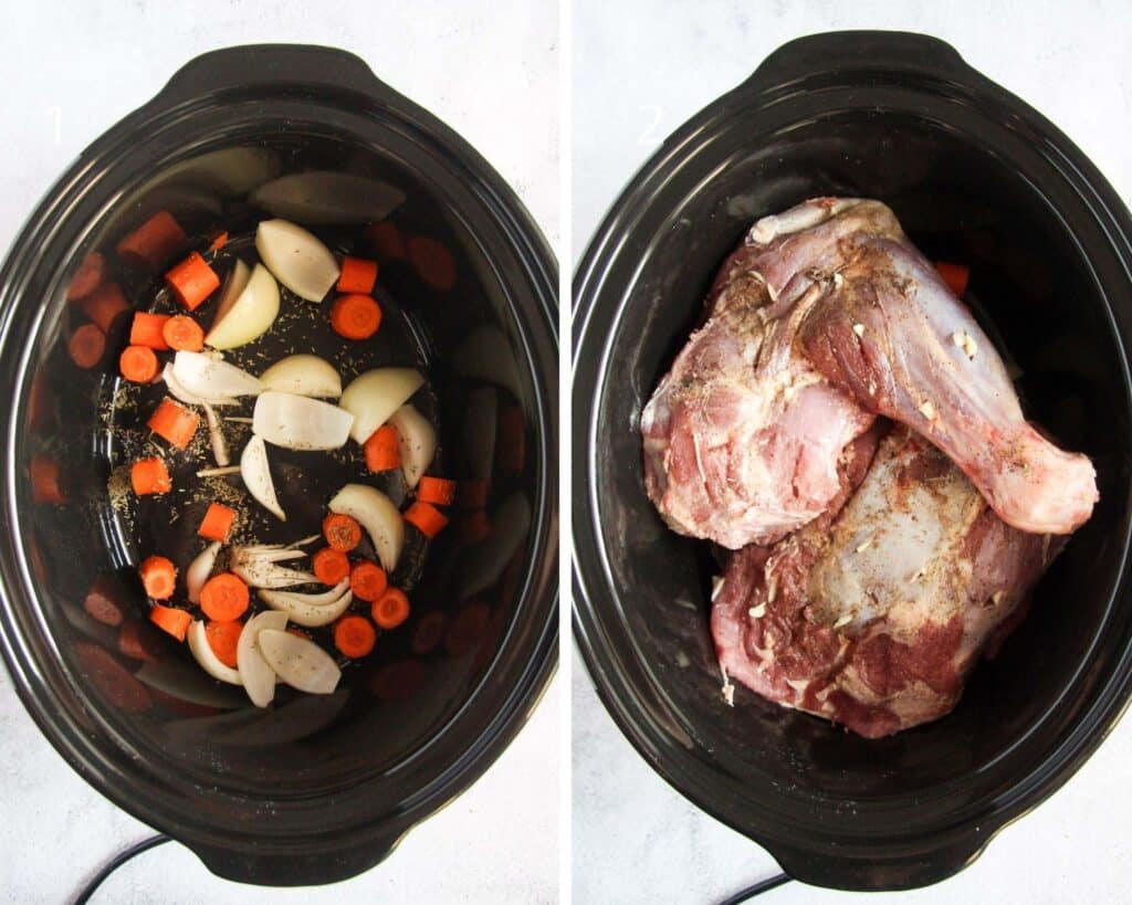 collage of two pictures of a slow cooker filled with raw vegetables and meat.
