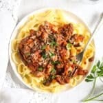 leftover lamb ragu served over pasta.