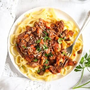 leftover lamb ragu served over pasta.