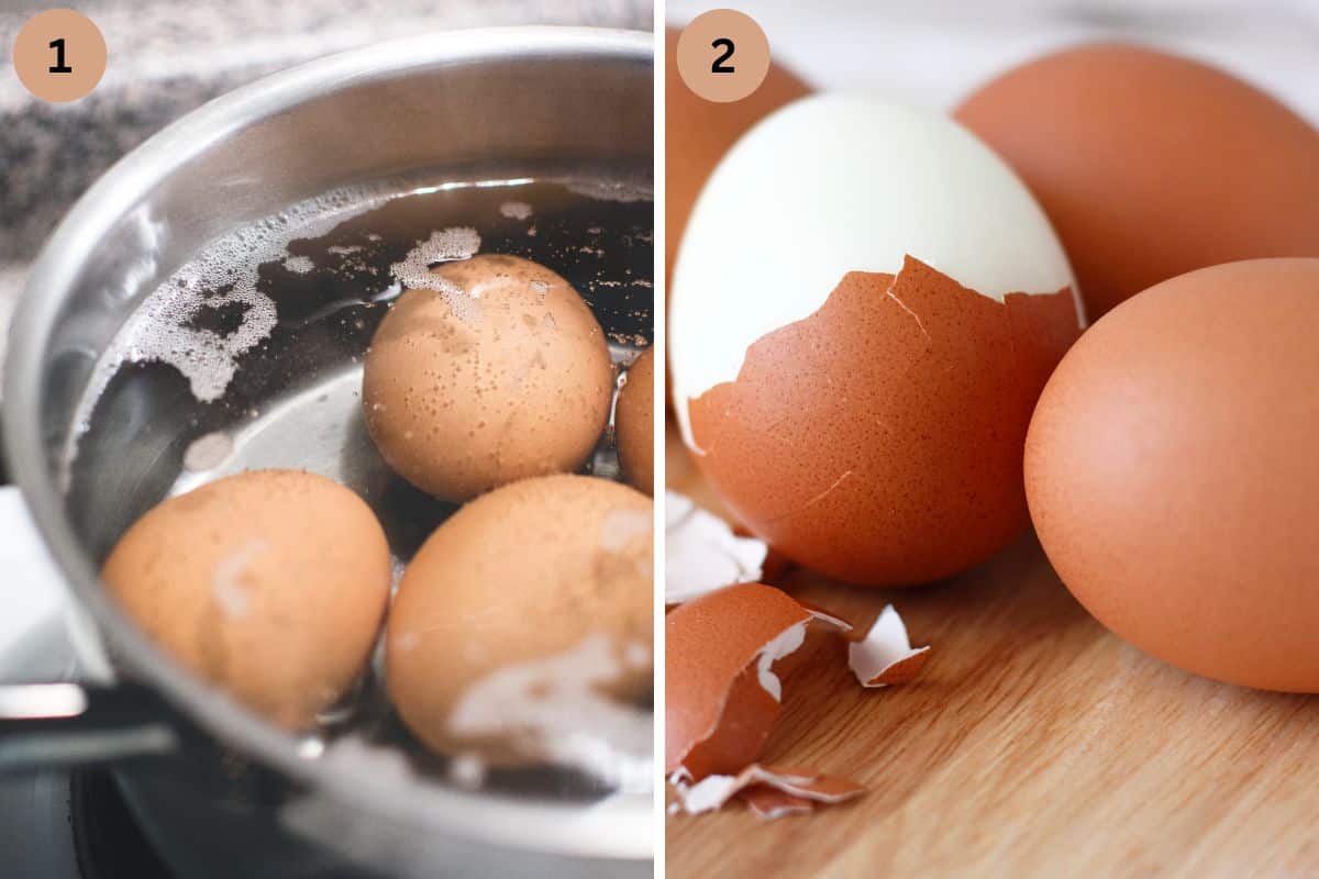 collage of two pictures of boiling and peeling eggs.