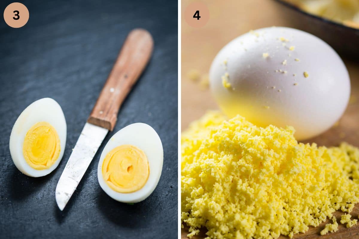 collage of two pictures of halving eggs with a knife and mashed yolk.
