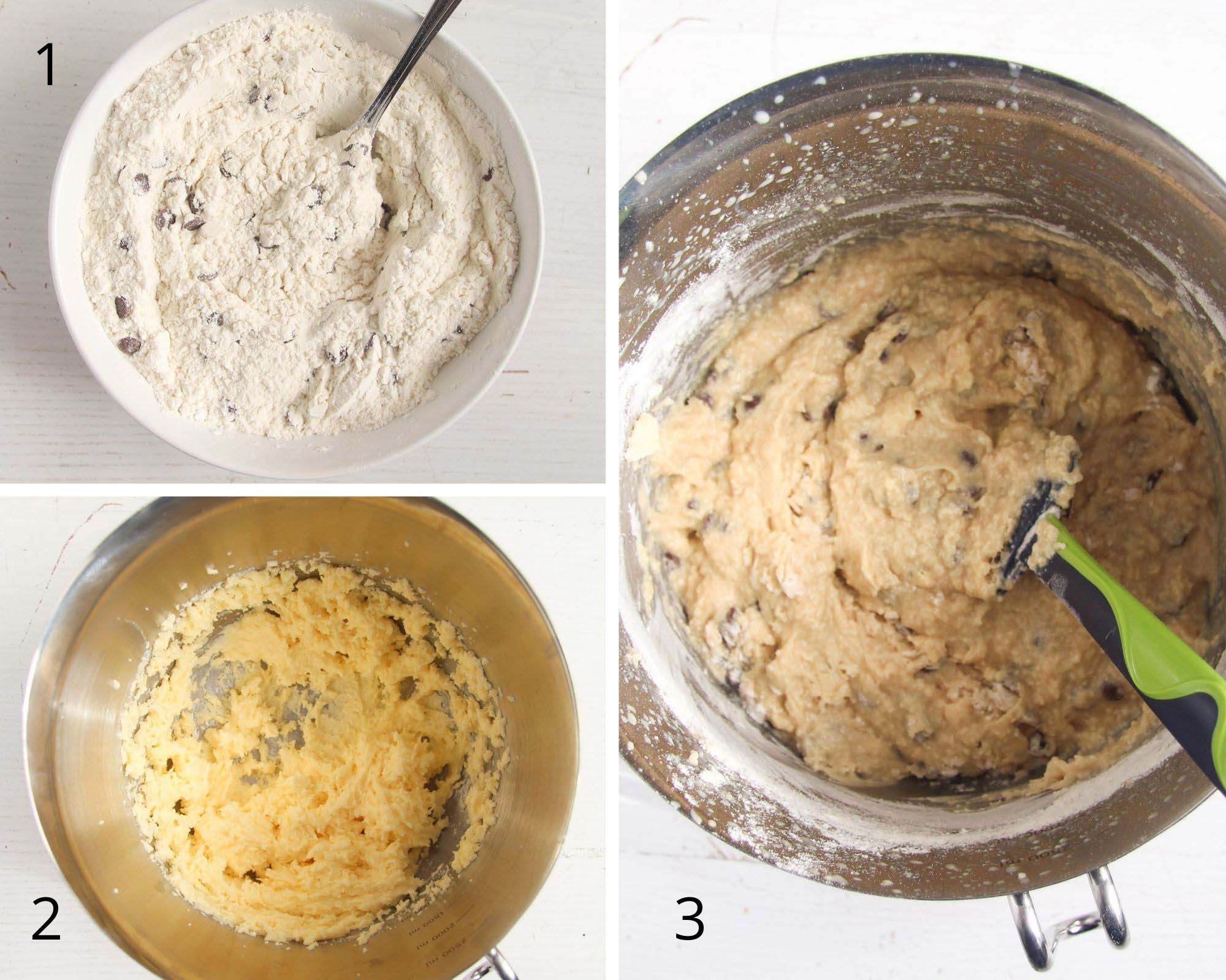 collage of three pictures making batter in a bowl.