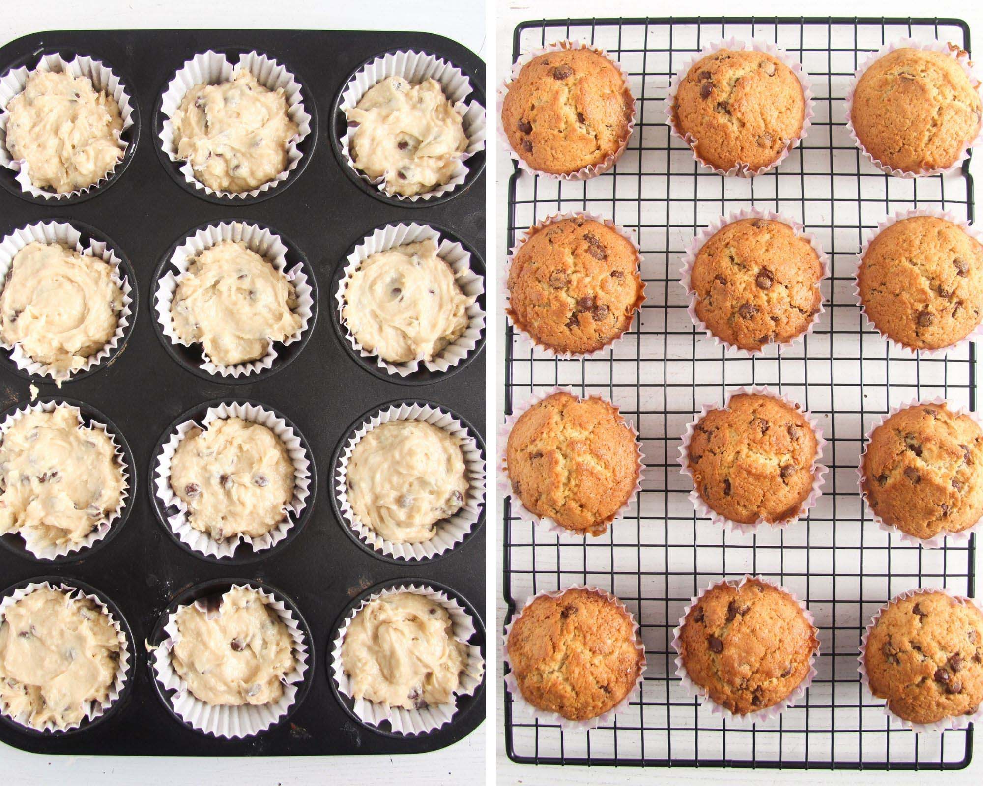 collage of two pictures showing unbaked and baked muffins.